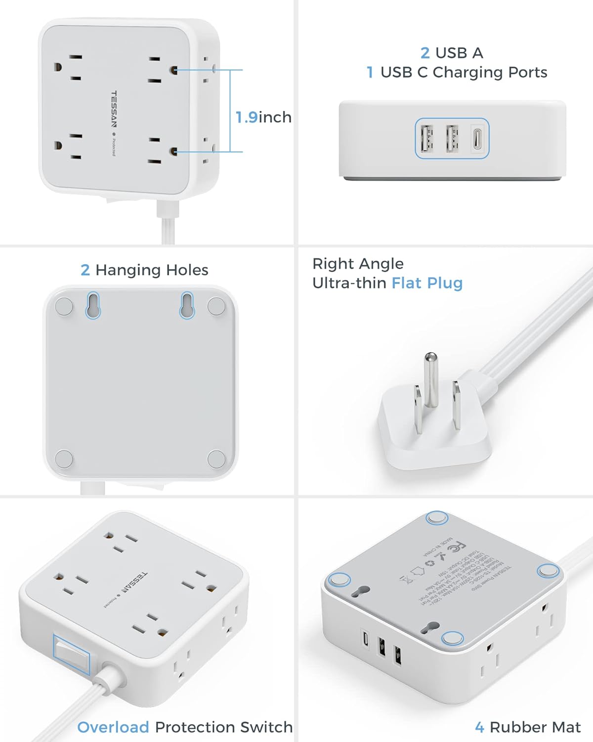 Flat Plug Power Bar with USB C, TESSAN 5 Ft Extension Cord Indoor with 8 Multi Outlets and 3 USB (1 USB C), Surge Protector Power Strip, Wall Mount Charging Station for Home Office Dorm, Gray - PuriLite