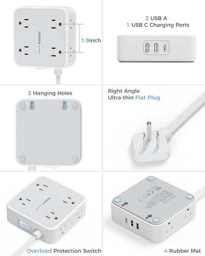 Flat Plug Power Bar with USB C, TESSAN 5 Ft Extension Cord Indoor with 8 Multi Outlets and 3 USB (1 USB C), Surge Protector Power Strip, Wall Mount Charging Station for Home Office Dorm, Gray - PuriLite