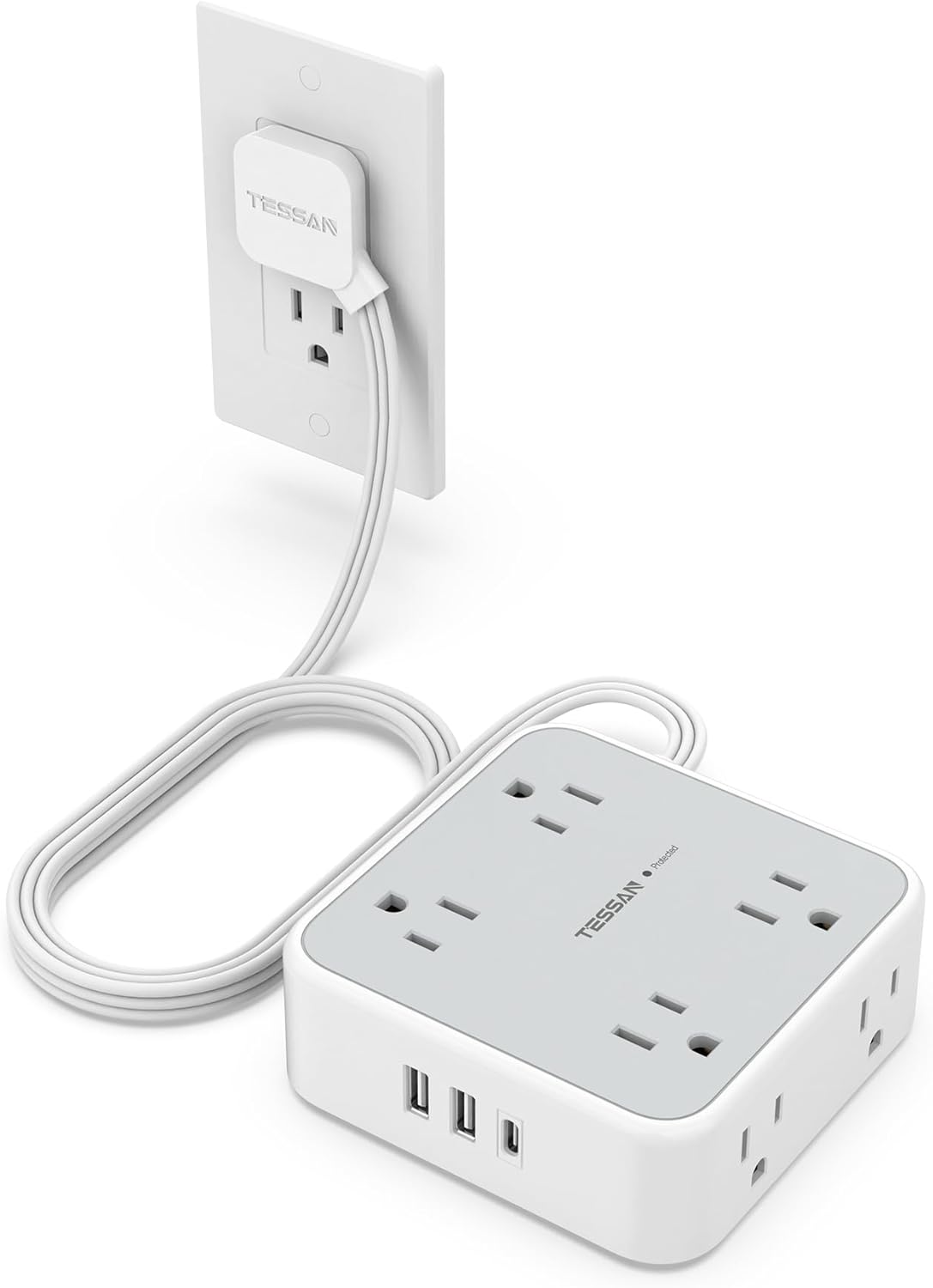 Flat Plug Power Bar with USB C, TESSAN 5 Ft Extension Cord Indoor with 8 Multi Outlets and 3 USB (1 USB C), Surge Protector Power Strip, Wall Mount Charging Station for Home Office Dorm, Gray - PuriLite