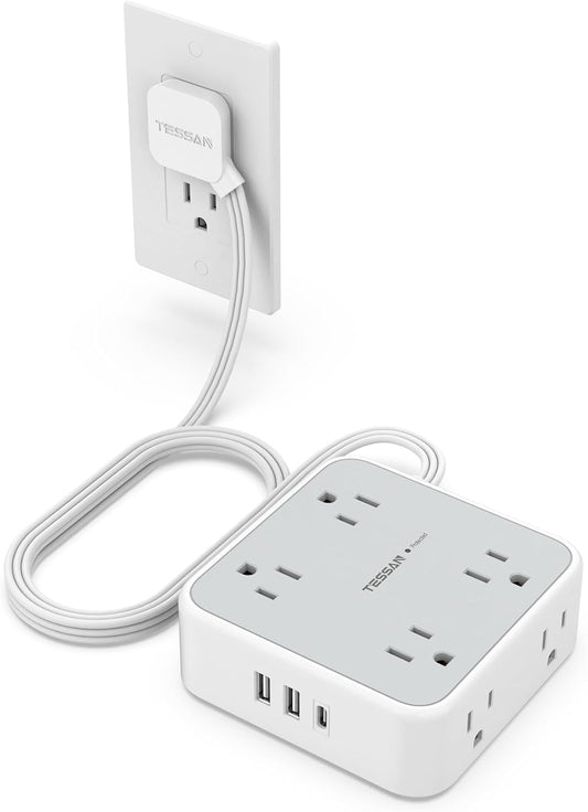 Flat Plug Power Bar with USB C, TESSAN 5 Ft Extension Cord Indoor with 8 Multi Outlets and 3 USB (1 USB C), Surge Protector Power Strip, Wall Mount Charging Station for Home Office Dorm, Gray - PuriLite