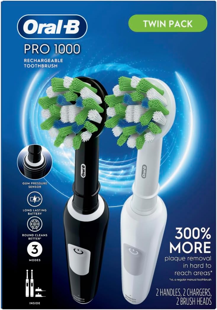 Oral-B Pro 1000 Electric Toothbrush Twin Pack, Black and White, Rechargeable Power Toothbrush, 2 Count - PuriLite