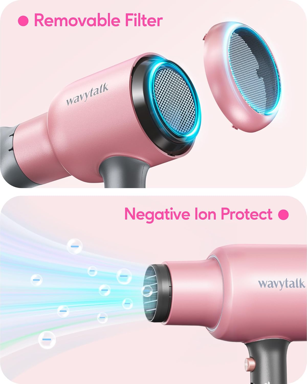 Wavytalk Ionic Hair Dryer with Diffuser and Concentrator, Lightweight Quiet Blow Dryer, Powerful 1875 Watt Motor for Smooth and Fast Drying Hair, Rose Pink - PuriLite