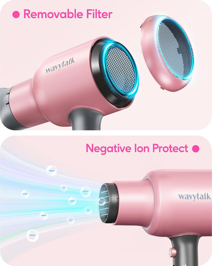 Wavytalk Ionic Hair Dryer with Diffuser and Concentrator, Lightweight Quiet Blow Dryer, Powerful 1875 Watt Motor for Smooth and Fast Drying Hair, Rose Pink - PuriLite