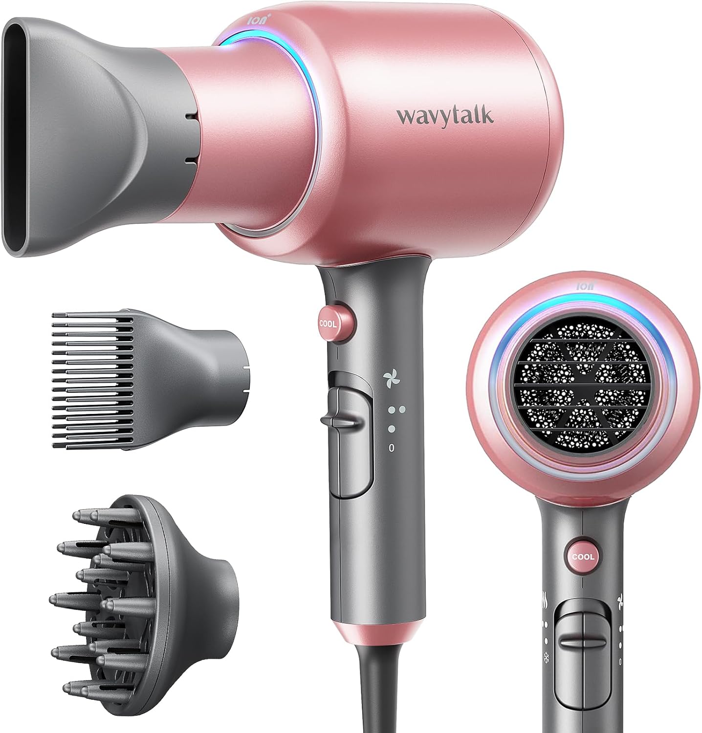 Wavytalk Ionic Hair Dryer with Diffuser and Concentrator, Lightweight Quiet Blow Dryer, Powerful 1875 Watt Motor for Smooth and Fast Drying Hair, Rose Pink - PuriLite