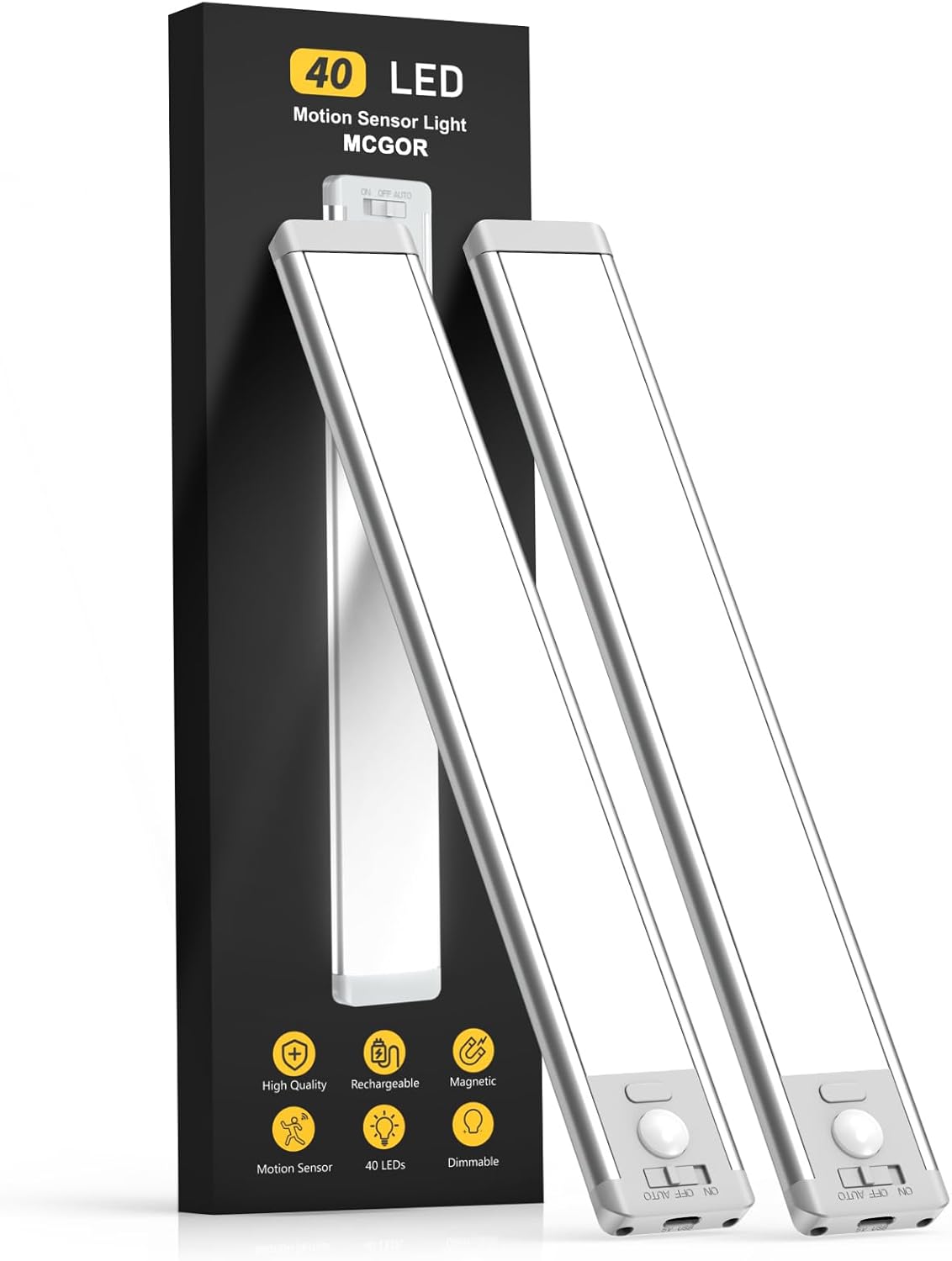 Under Cabinet Lights,40 LED Rechargeable Battery Operated Motion Sensor Light Indoor, 2 Pack Magnetic Dimmable Closet Lights, Wireless Under Counter Lights for Kitchen, Stairs - PuriLite