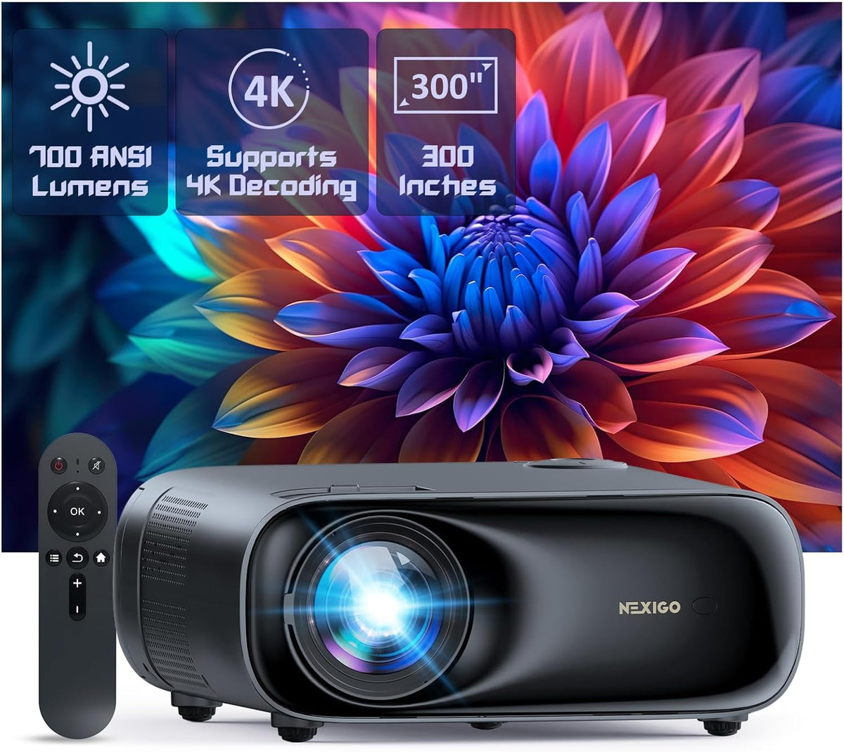 NexiGo PJ40 (Gen 3) Projector with WiFi and Bluetooth, D65 Calibrated, Native 1080P, 4K Supported, Projector for Outdoor Movies, 20W Speakers, Home Theater, Compatible w/TV Stick, iOS, Android - PuriLite