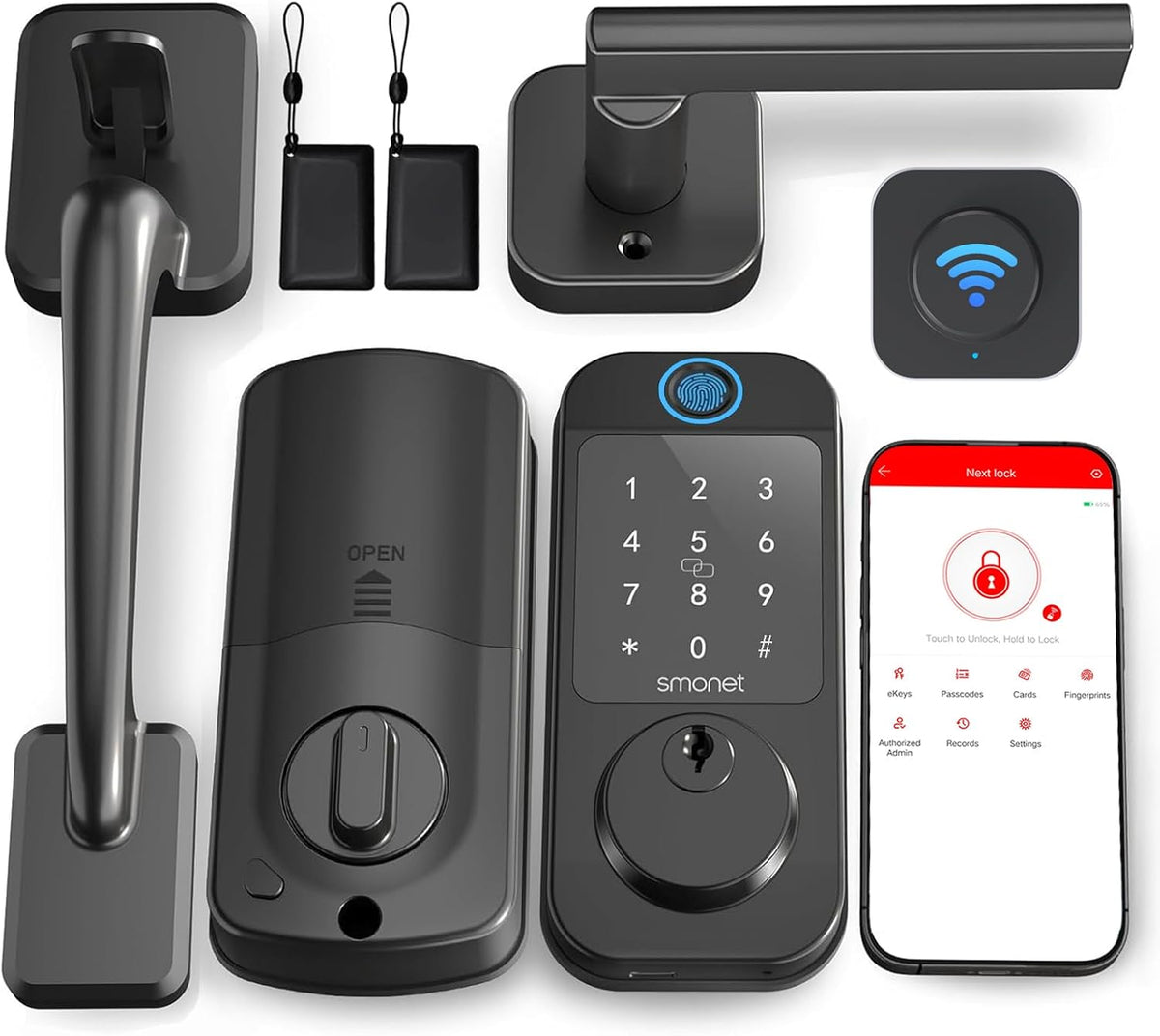 WiFi Front Door Lock Set - SMONET Fingerprint Keyless Entry Smart Locks Handle Set, Digital Remote Control Keypad Bluetooth Alexa Deadbolt Lockset with Auto Lock, Code, Fob, App for Rental,Black - PuriLite