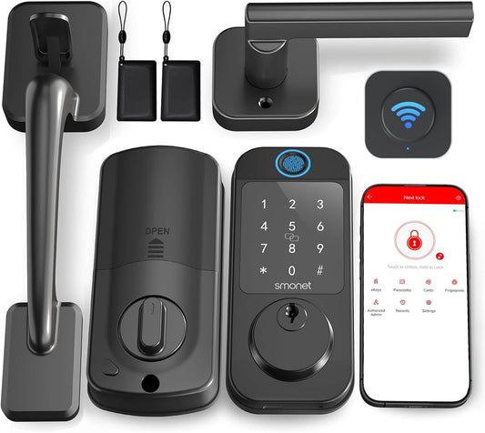 WiFi Front Door Lock Set - SMONET Fingerprint Keyless Entry Smart Locks Handle Set, Digital Remote Control Keypad Bluetooth Alexa Deadbolt Lockset with Auto Lock, Code, Fob, App for Rental,Black - PuriLite