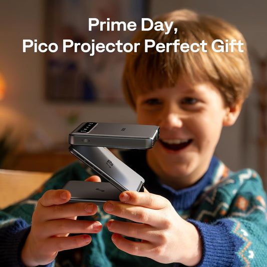 Zip Tri-Fold Truly Portable DLP Projector, Pocket Size, Zero-Lag Focus, One-Click Screen Mirroring, Full-Screen Mode, Type-C Fast Charging, 5,000mAh Battery, Indoor Outdoor Mini Projector, Grey - PuriLite