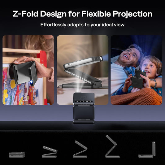 Zip Tri-Fold Truly Portable DLP Projector, Pocket Size, Zero-Lag Focus, One-Click Screen Mirroring, Full-Screen Mode, Type-C Fast Charging, 5,000mAh Battery, Indoor Outdoor Mini Projector, Grey - PuriLite