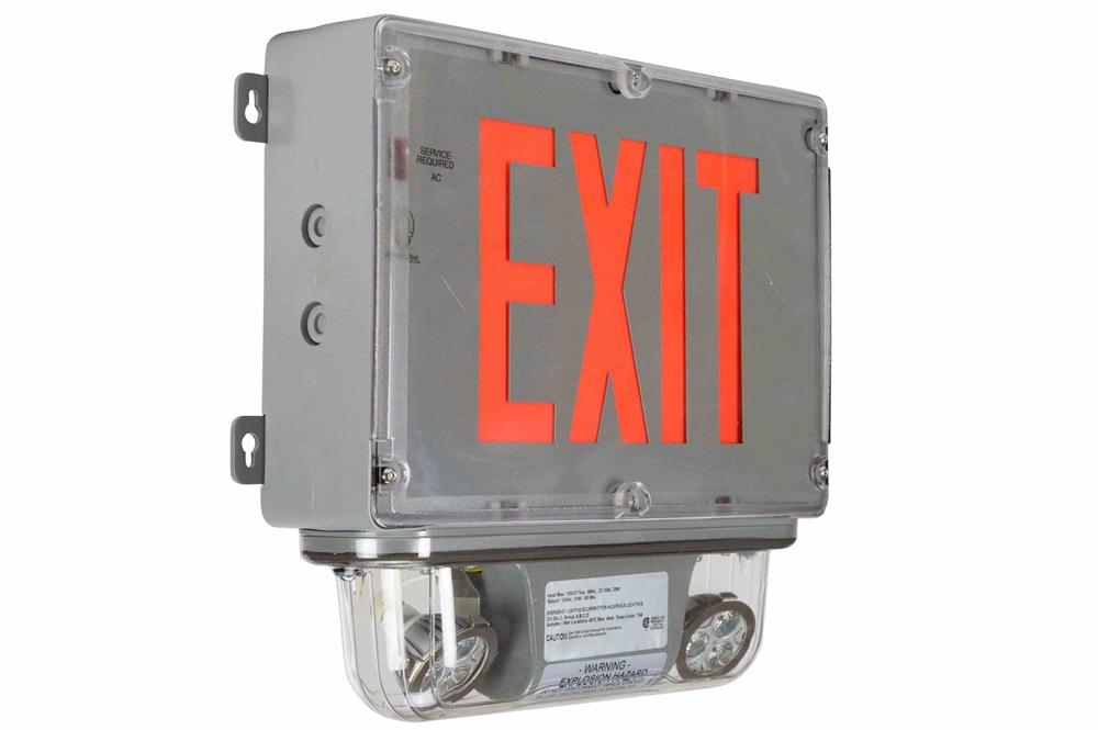 10W Explosion Proof LED Emergency Exit Sign w/ Halogen Bug Eyes - C1D2 - 120/277VAC - 6V Lamps - Self Testing - PuriLite