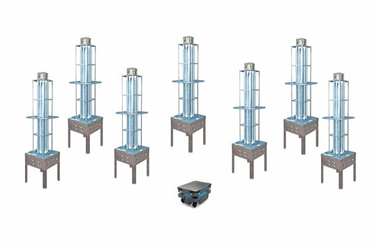 UV Sanitation Robot Kit - Kills 99% of Viruses - (1) Robot Base, (7) 304 SS, Battery-powered UVC Carts - Charge Stations - PuriLite