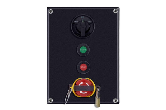 Weatherproof Control Station - (1) 3-Position Selector Switch - (2) PBs, (1) Lockable E-Stop - 415V, 50Hz - IP66 - Matte Black Powder Coat - PuriLite
