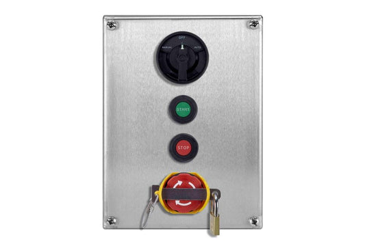 Weatherproof Control Station - (1) 3-Position Selector Switch - (2) PBs, (1) Lockable E-Stop - 415V, 50Hz - IP66 - Stainless Steel - PuriLite