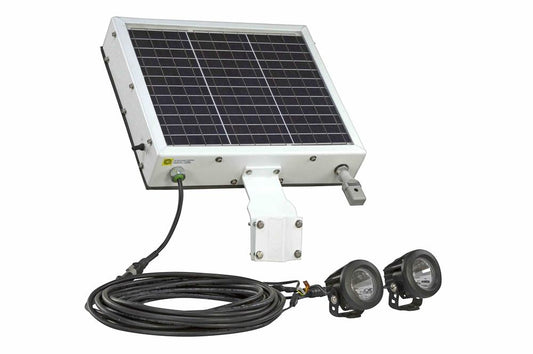 Solar Powered Dual LED Light - (2) 10W Lamps - 12 Hr Run Time - Day/Night Photocell or Motion Sensor - 50' Cord - PuriLite