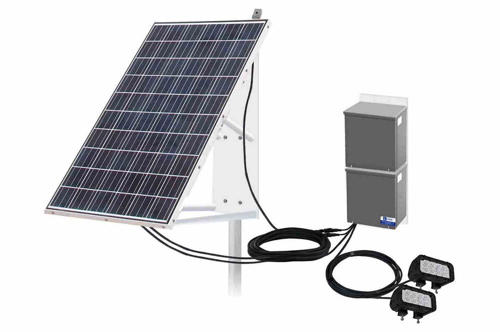 48W Solar Powered LED Light w/ 265W Panel & Automatic Timer - (2) 24W LED Lamps - (2) 12V Batteries - Pole Mount Panel - PuriLite