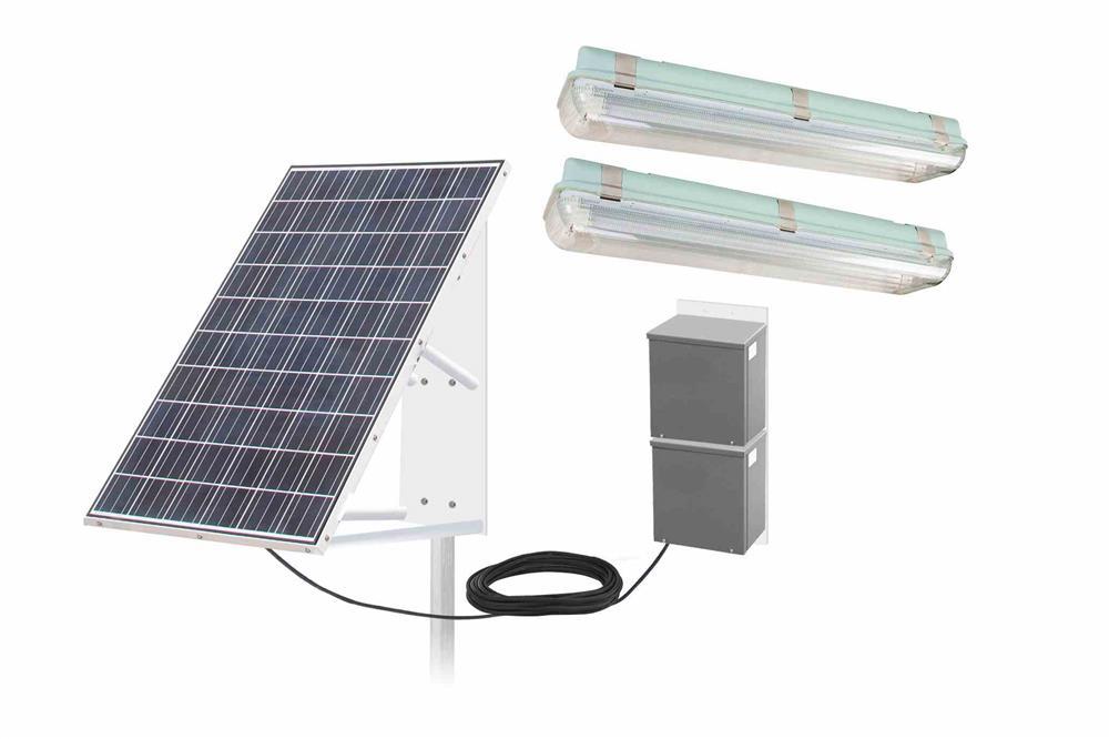 Container Solar Lighting Package - (2) 2' LED Lamps, (1) 265W Solar Panel, (2) 250aH 8D Batteries - PuriLite