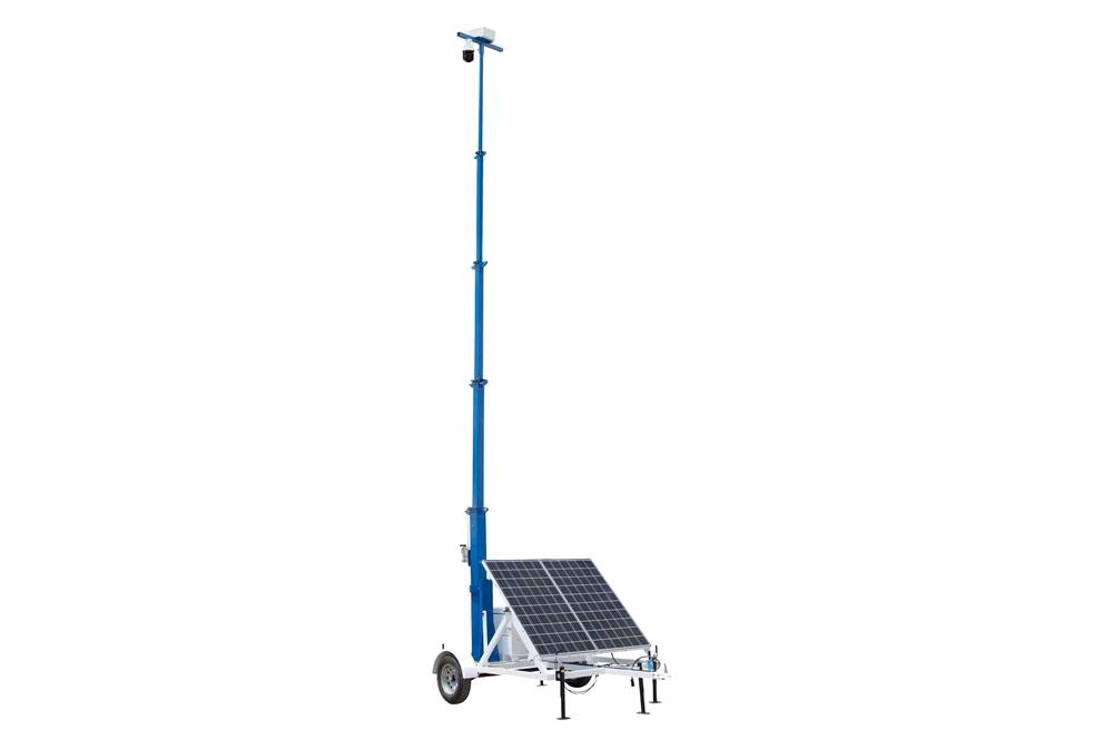Dummy Solar Security Tower - 20' Mast - 7.5' Trailer - (1) 60W Solar Panel, (1) Battery Pack - (1) Dummy PTZ Camera - PuriLite