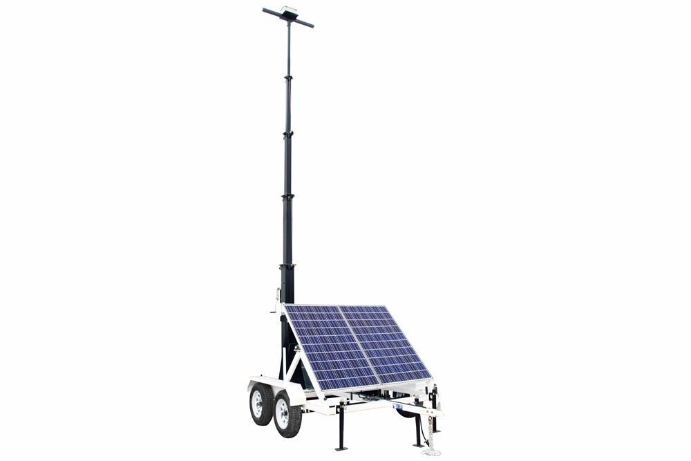 Portable Solar 30' Light Tower- 12V 250aH Gel Cell Battery w/ Charger- Tandem Axle Trailer - PuriLite