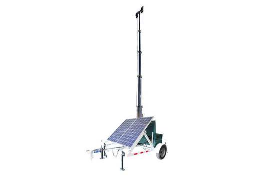 580W Solar Light Tower - 30' Light Tower - 7.5' Trailer - (4) 60W LED Lamps - 120V Battery Charger - Day/Night Sensor - PuriLite