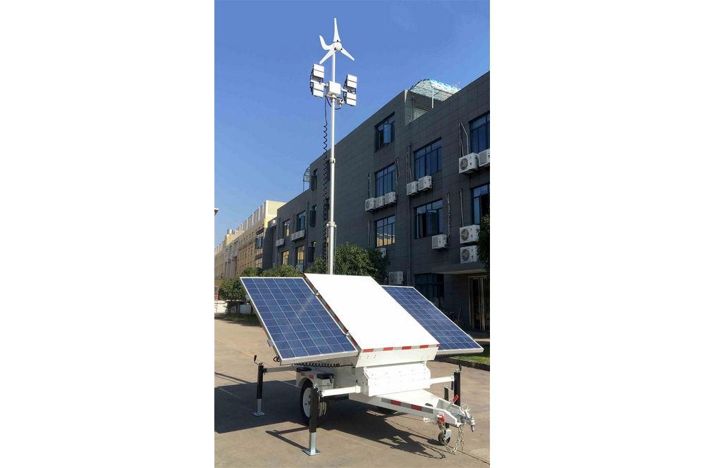 21.3' Solar LED Light Tower - (2) 300W Panels - (4) LED Lamps - (8) 150aH Batteries - Wind Generator - PuriLite