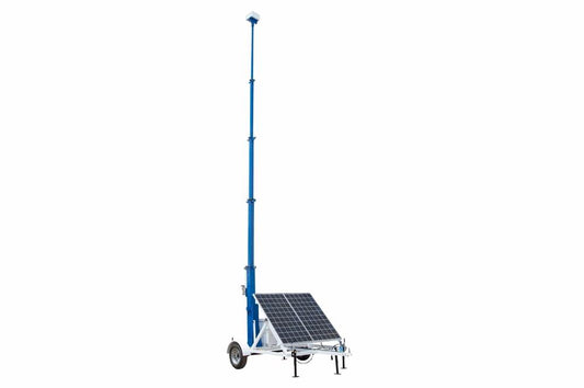 Mobile Communications Solar Tower - 30' Mast - 7.5' Trailer - (1) 300W Solar Panel, (2) 80aH Lion Batteries - (1) Junction Box - PuriLite