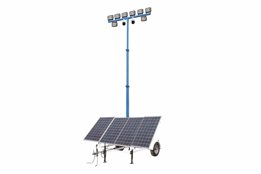 1.06 kW Solar Light Tower - 20' Mast, 7.5' Trailer - (8) LED Lamps, (2) Cameras, (4) Batteries - 4G - PuriLite