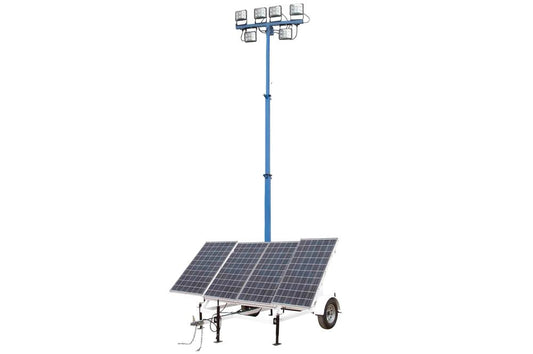 360W Solar Light Tower - 30' Light Tower - 7.5' Trailer - (6) 60W LED Lamps - (4) 250aH 4D Batteries - 120V Battery Charger - Day/Night Sensor - PuriLite