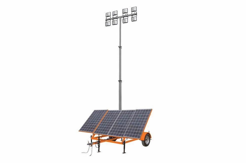 1.06 kW Solar Light Tower - 30' Mast - 7.5' Orange Trailer - (8) 60W LED Lamps, (12) 250aH Batteries - PuriLite