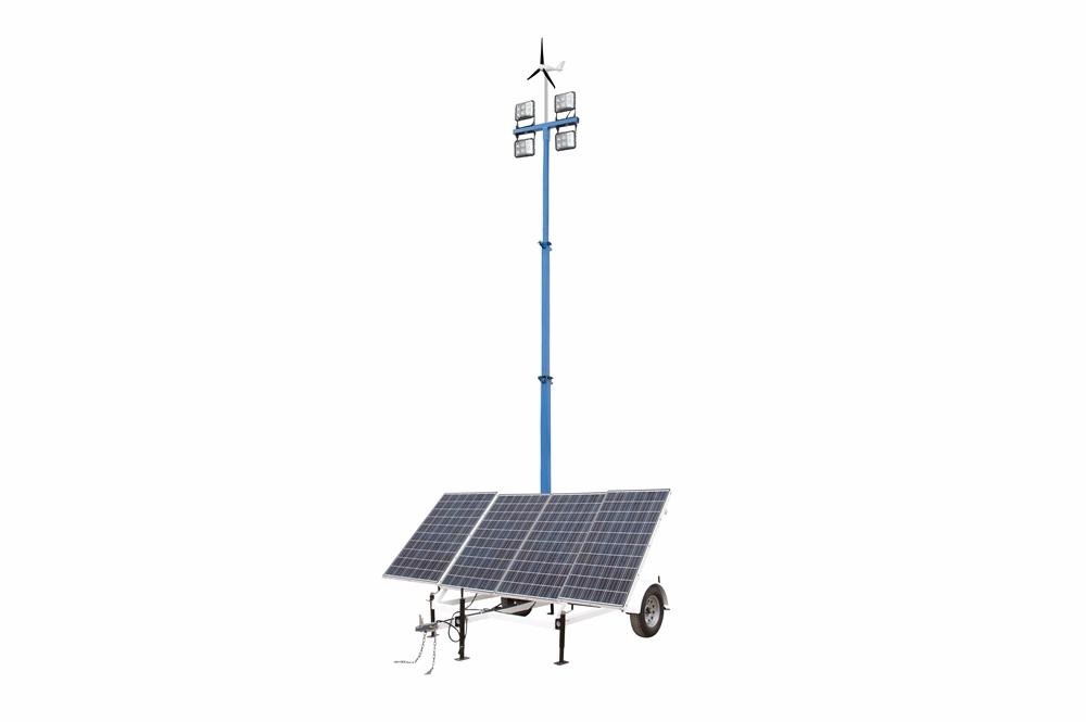 1.06 kW Solar Light Tower - 30' Tower - 7.5' Trailer - (4) LED Lamps - (4) 250aH Batteries - Wind Generator - PuriLite