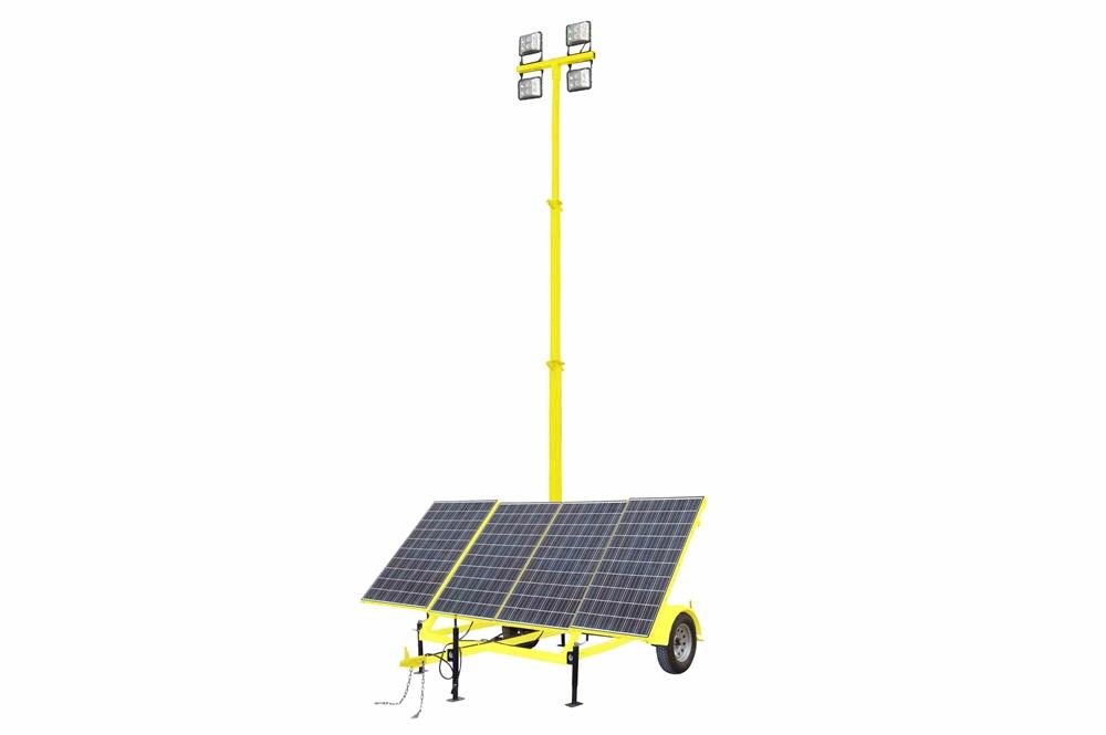24' Solar Light Tower - 7.5' Trailer - (4) Panels, (4) 160W LED Lamps, Batteries, BC - Yellow - PuriLite
