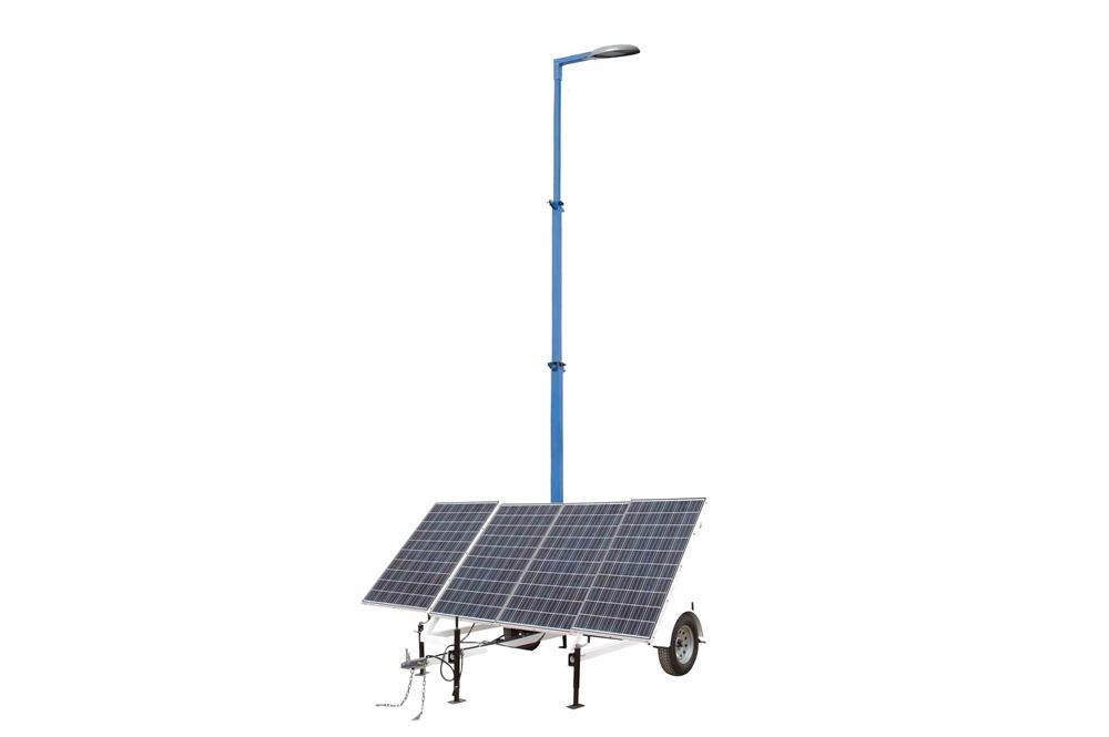 1.2 kW Portable Solar Powered LED Street Light - 30' Tower - 7.5' Trailer - (4) Panels, (1) LED Light, Batteries/BC - Backup Generator - PuriLite
