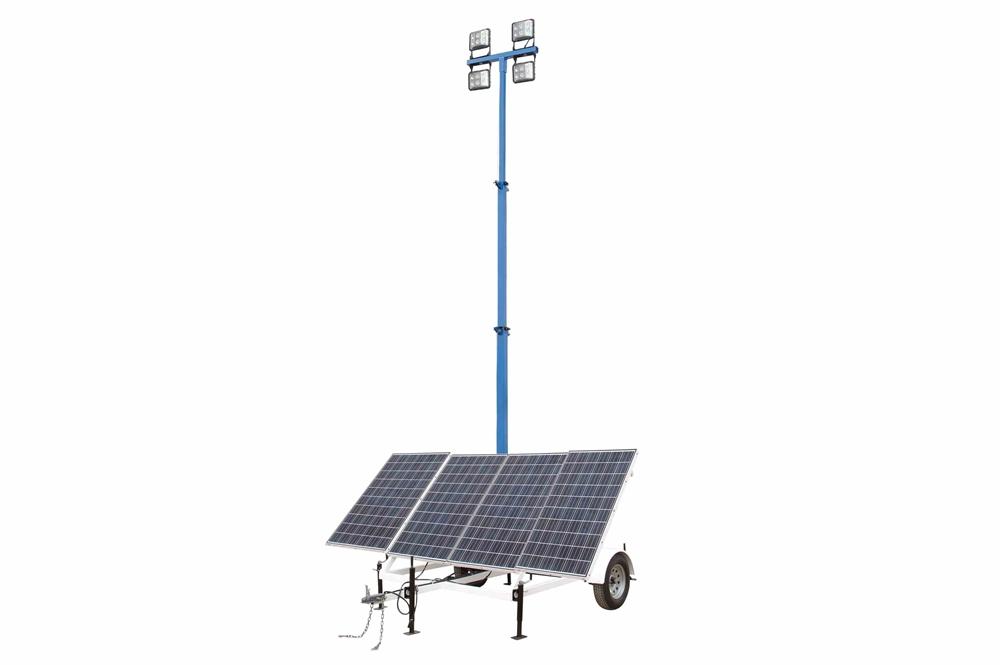 1.2 kW Solar Light Tower - 30' Light Tower, 7.5' Trailer - (4) LED Lamps - (8) 80aH Li-on Batt. - Gas Gen - PuriLite