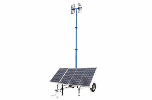1.2 kW Solar Light Tower - 30' Light Tower, 7.5' Trailer - (4) LED Lamps - (8) 80aH Li-on Batt. - Gas Gen - PuriLite