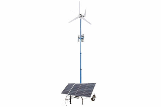 1.2 kW Solar Light Tower - 30' Light Tower, 7.5' Trailer - (4) LED Lamps - (4) 250aH 12V AGM Deep Cycle Batt. - Wind Gen - PuriLite