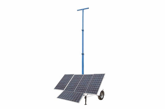 1.5kW Portable Solar Light Tower - 30' Mast - 14' Trailer - (5) Solar Panels, 640aH Lithium-ion Battery Pack - (5) 5-15R Receptacles - PuriLite