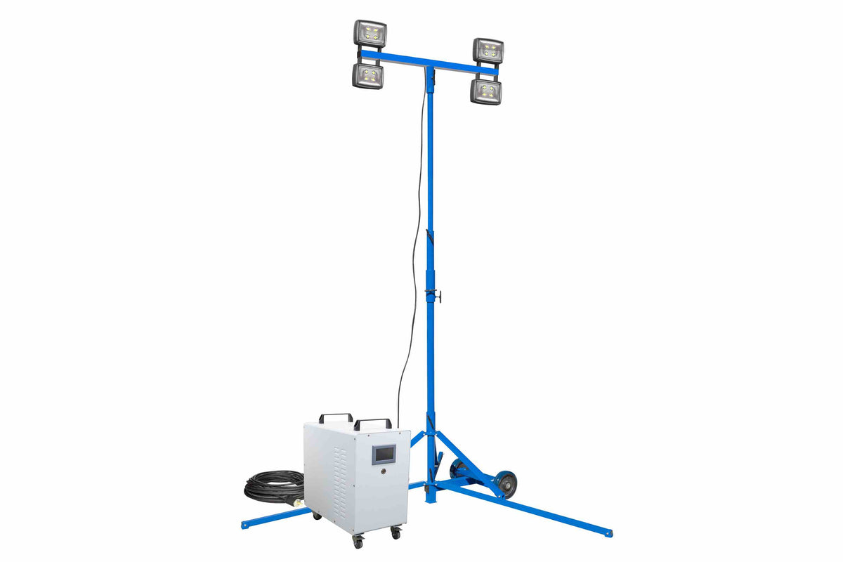 Larson 200W Rechargeable LED Tripod Light - 7' to 12' - (4) Lamps - 4kWh Li-ion Battery - 12+ Hrs Runtime - PuriLite