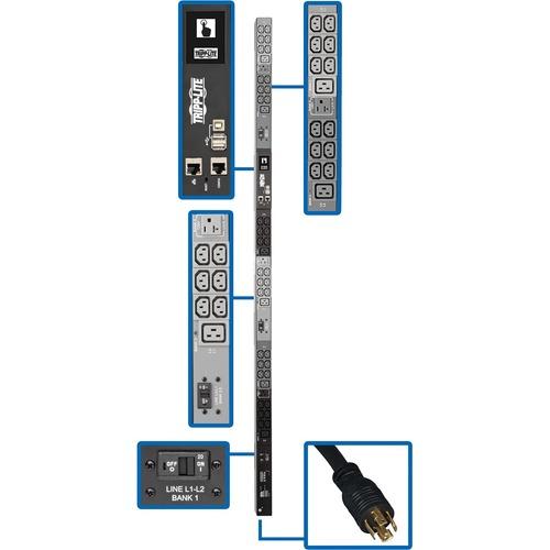 Tripp Lite PDU3EVN10L2130 45-Outlet PDU - Monitored - NEMA L21-30P - 6 x IEC 60320 C19, 36 x IEC 60320 C13, 3 x NEMA 5-15/20R - 230 V AC - 0U - Vertical - Rack-mountable - TAA Compliant - PuriLite