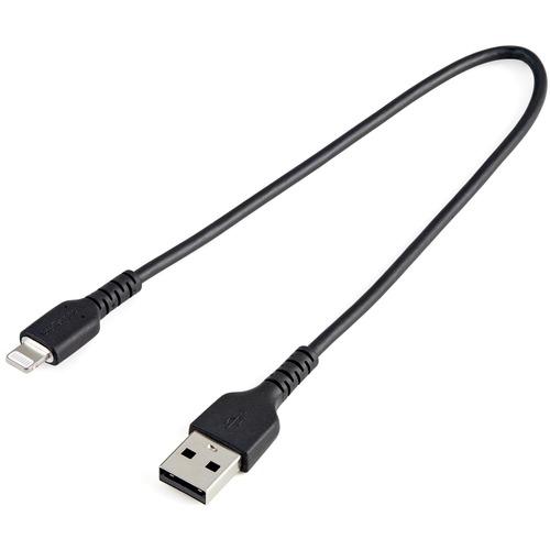 StarTech.com 12inch/30cm Durable Black USB-A to Lightning Cable, Rugged Heavy Duty Charging/Sync Cable for Apple iPhone/iPad MFi Certified - Kevlar aramid fiber shelters heavy duty lightning cable from stress of bends/twists - Black durable strong rugged - PuriLite